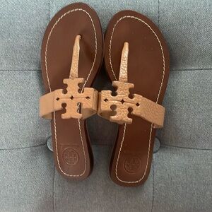 Tory Burch tan monogram T sandals, size 6